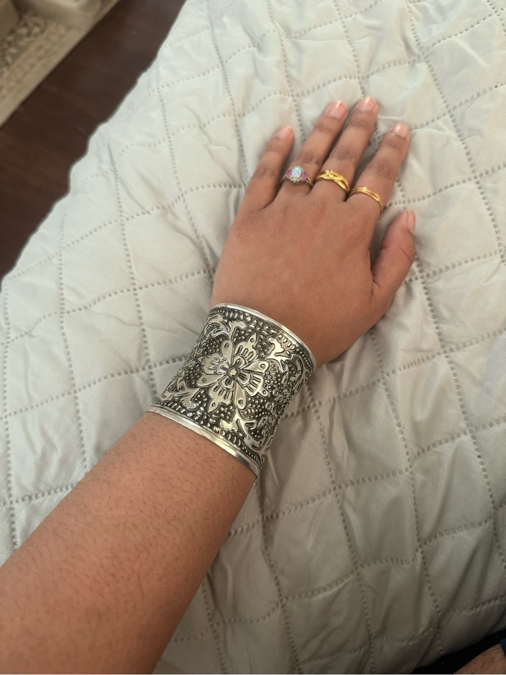 Oxidized Silver Wide Cuff Bracelet Boho Indian Floral Statement